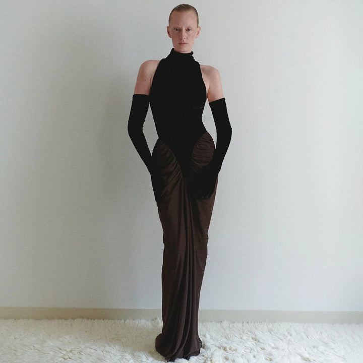 Damen Maxikleid mit hochgeschlossenem Design und kunstvollem Drapierungseffekt Drune