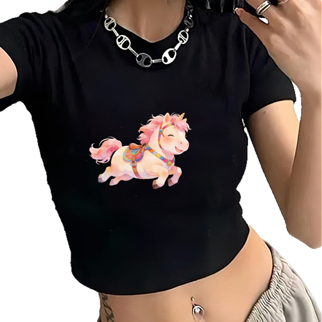 Damen Crop-T-Shirt mit verspielt illustriertem Einhornmotiv Drune