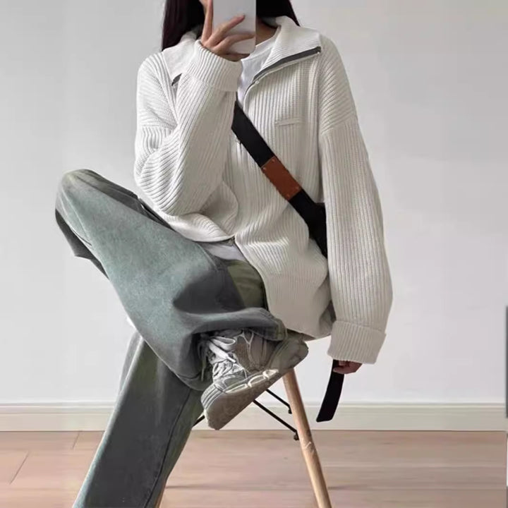 Damen Großer Strickpullover mit hohem Kragen und durchgehendem Reißverschluss Drune