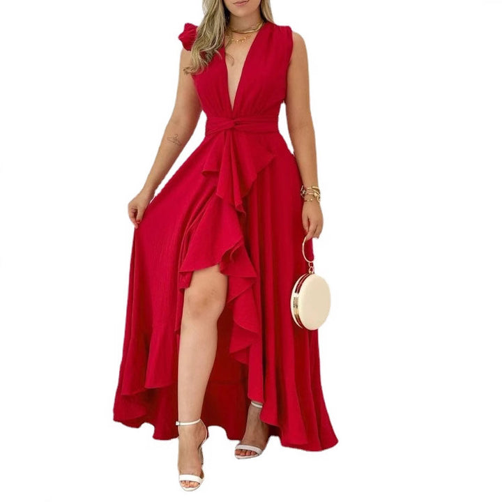 Damen Maxikleid mit auffälligem Palmenmuster und elegantem V-Ausschnitt Drune