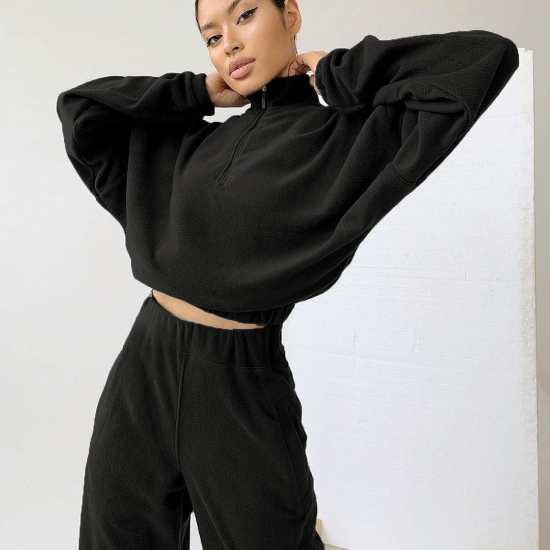 Damen nan kurz geschnittenes Thermo-Fleece-Set mit Halbfront-Reißverschluss und hohem Komfortbund Drune