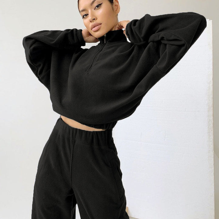 Damen nan kurz geschnittenes Thermo-Fleece-Set mit Halbfront-Reißverschluss und hohem Komfortbund Drune