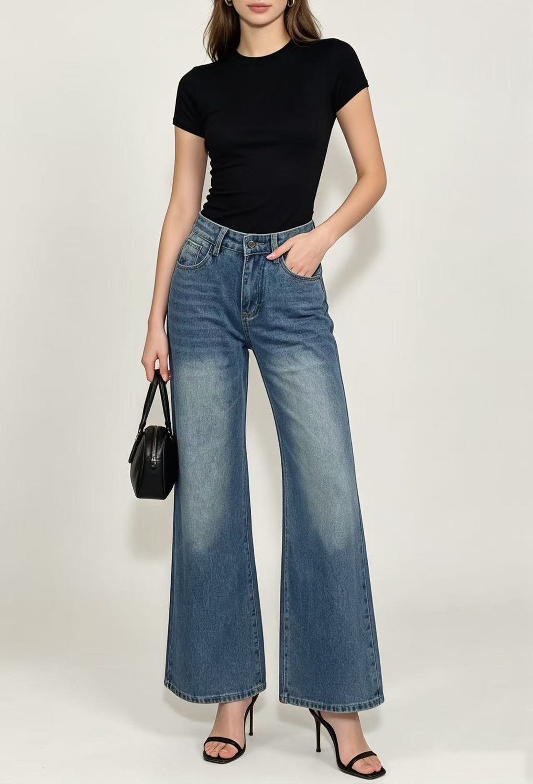 Damen nan High‑Waist Flared-Jeans mit weitem Bein, taillierender Bundnaht und dezenter Used-Struktur Drune