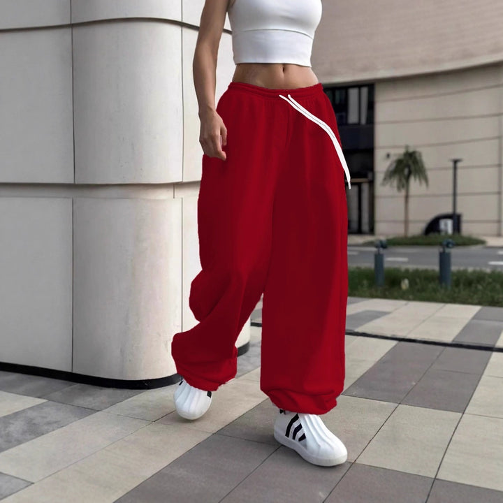 Damen nan weite Baggy-Jogginghose mit hohem Komfortbund, Kordelzug und elastischen Knöchelbündchen Drune
