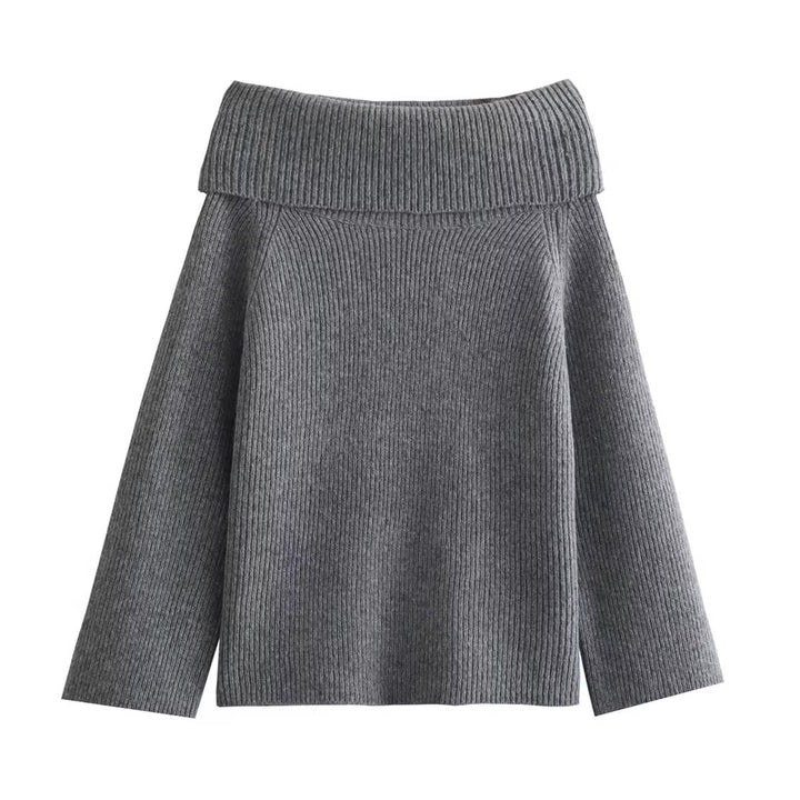 Damen eleganter, hochgeschlossener Strickpullover mit weitem Kragen Drune