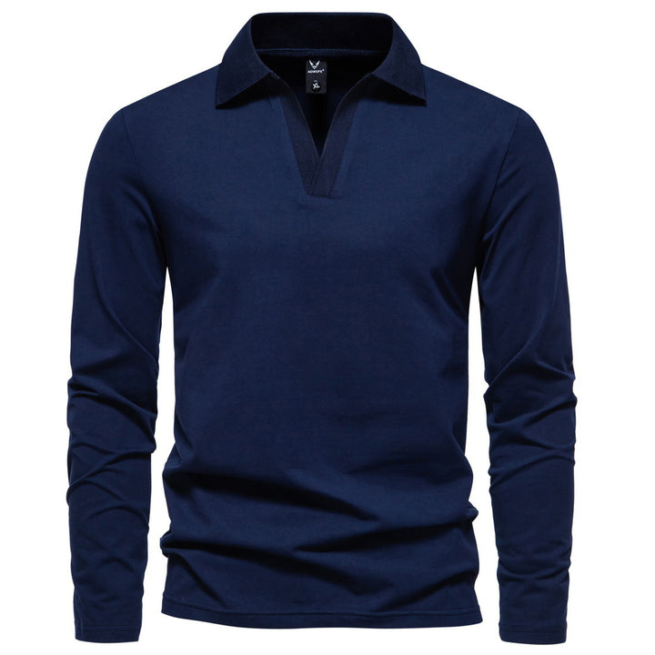 Herren nan Langarm-Polo mit offenem V-Ausschnitt, feinem Rippenkragen und schmaler Silhouette Drune