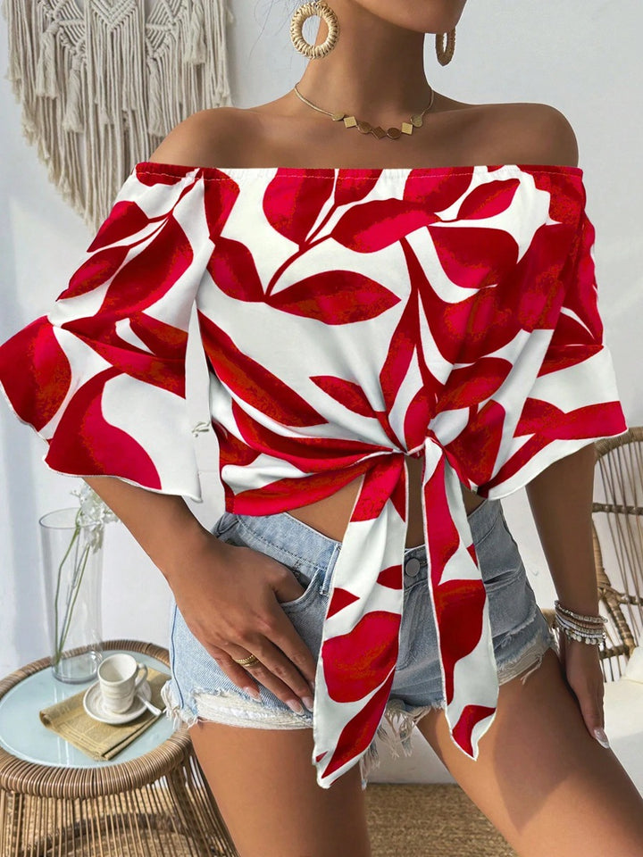 Damen Off-Shoulder Bluse mit floralem Muster und taillierbarem Knoten Drune