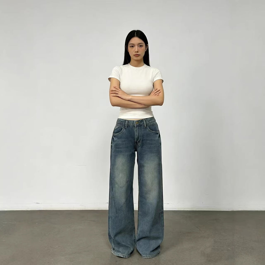 Damen weite High-Waist Jeans mit lässigem Schnitt und individuellen Waschungen Drune