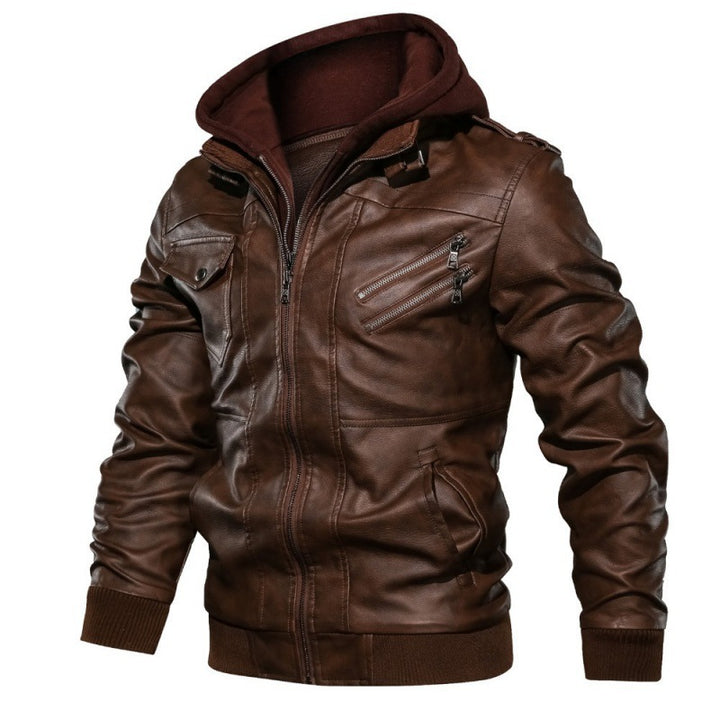 Herren nan Lederjacke mit Kapuze, Vintage-Bikerlook und mehreren Reißverschlusstaschen Drune