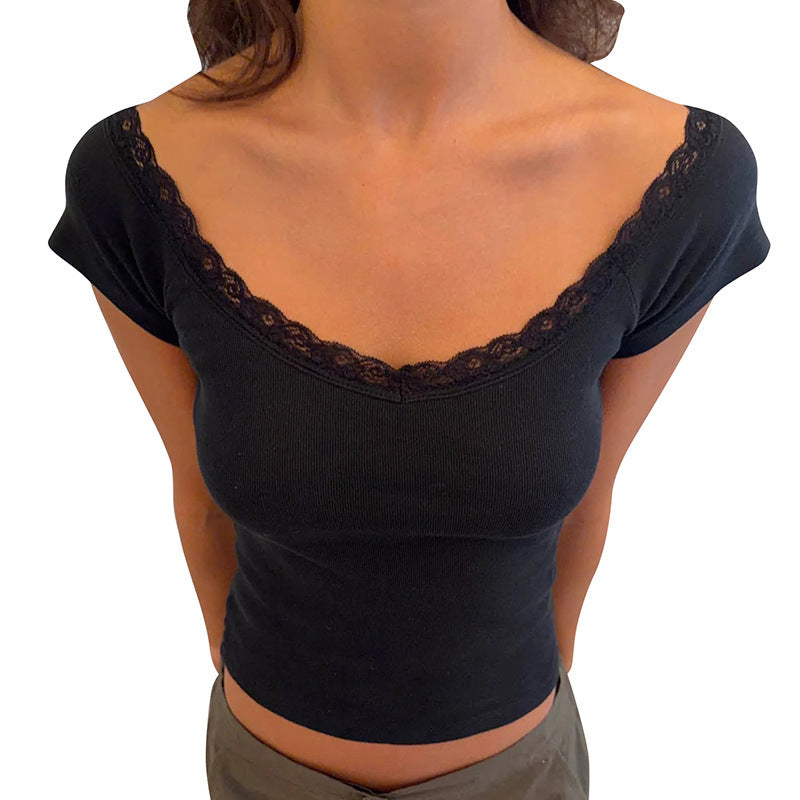 Damen Crop-Top mit Spitzenrand und Schulterfreiem Design Drune