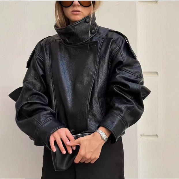 Unisex nan weite Bikerstil Kunstlederjacke mit Stehkragen und elastischem Saum Drune