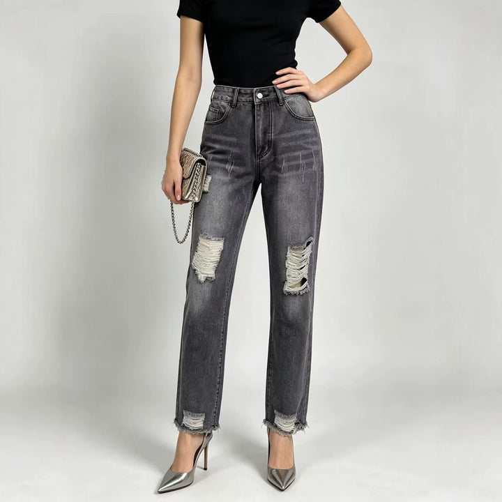 Damen nan hochgeschnittene Straight Leg Jeans mit gezielten Rissdetails und rohem Knöchelabschluss Drune