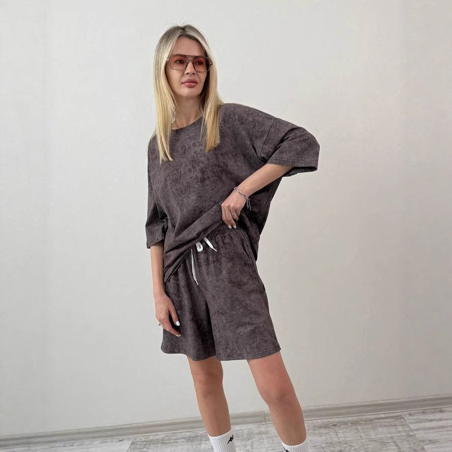 Damen lässiges Kurzarm-Set aus weichem Material mit bequemen Shorts Drune