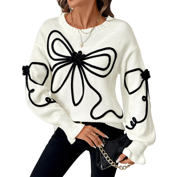 Damen Strickpullover mit floralen Applikationen und hohem Kragen Drune