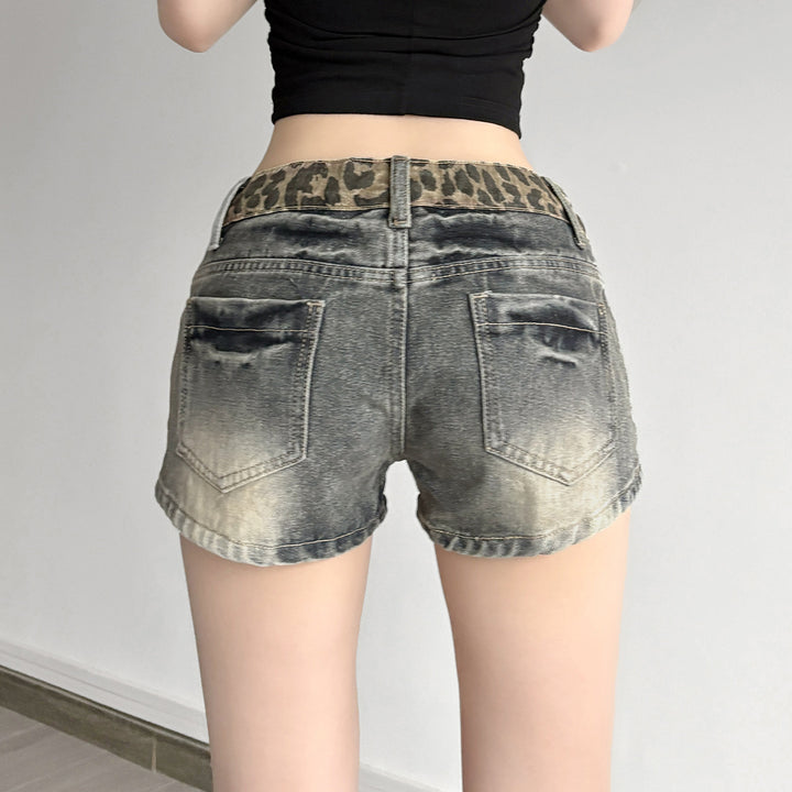 Damen Kurze Jeansshorts mit Leopardenmuster und gerafftem Bund Drune