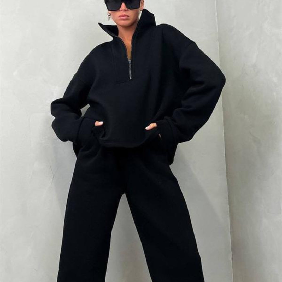 Damen nan weiches Oversize-Halbzip-Loungewear-Set mit hohem Stehkragen und taillierter Jogginghose Drune