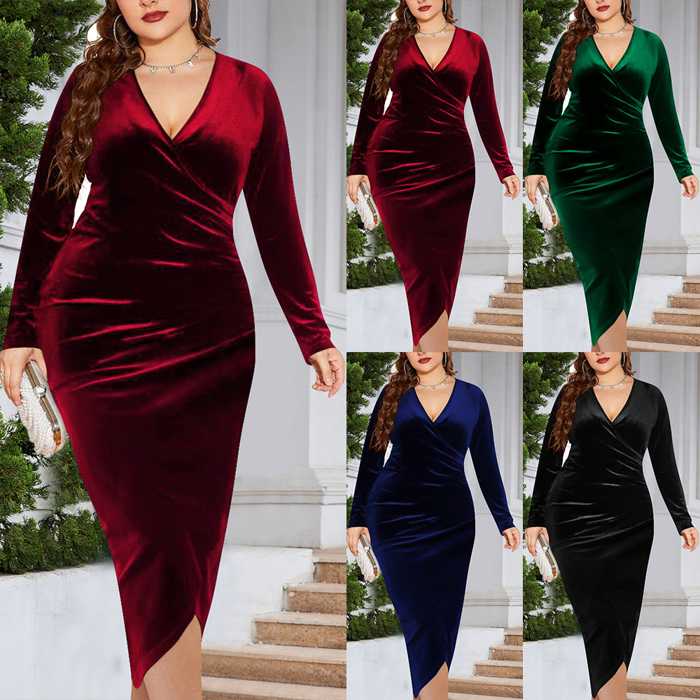 Damen Elegantes Wickelkleid aus luxuriösem Samt mit langem Arm und tiefem V-Ausschnitt Drune