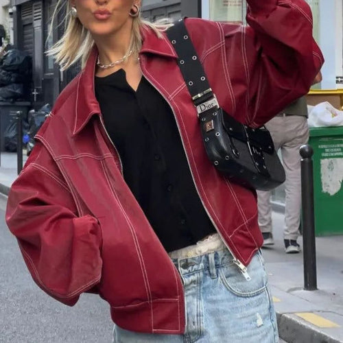 Damen Kunstlederjacke mit elastischen Bündchen und hochschließendem Kragen Drune