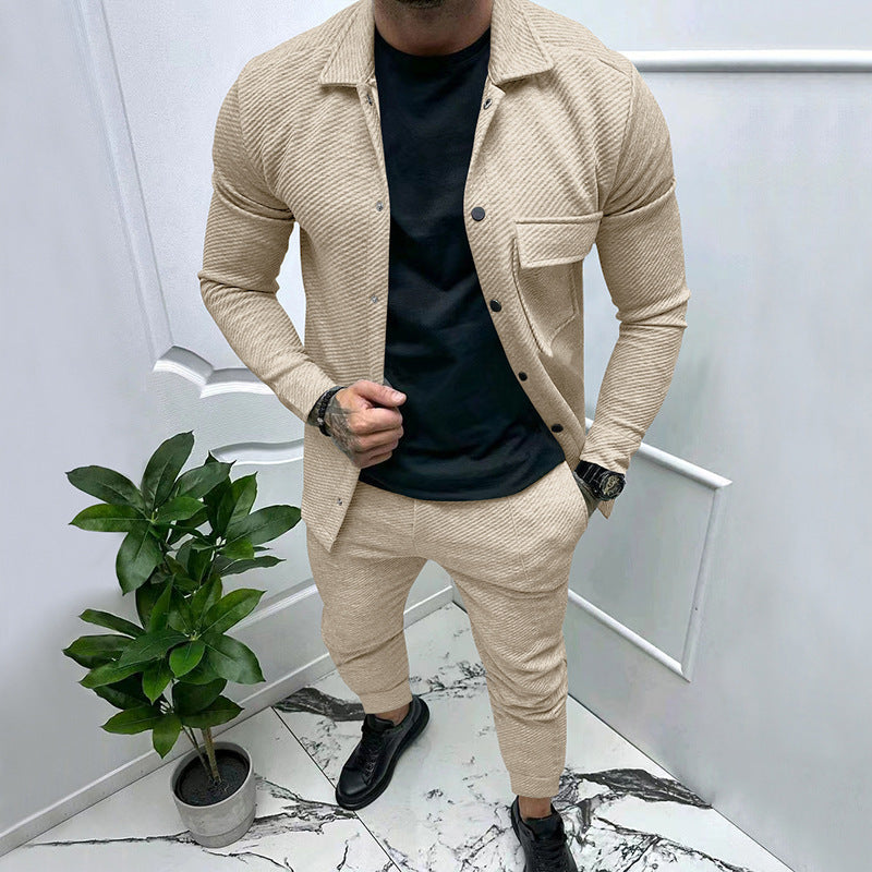 Herren nan feinstrukturiertes Hemdjacke- und Jogginghose-Set aus Sweat mit schmaler Passform Drune
