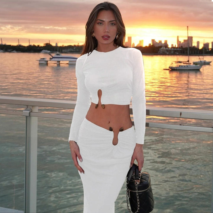 Damen Crop-Top und Maxi-Rock Kombi mit hohem Schlitz und eleganter Raffung Drune