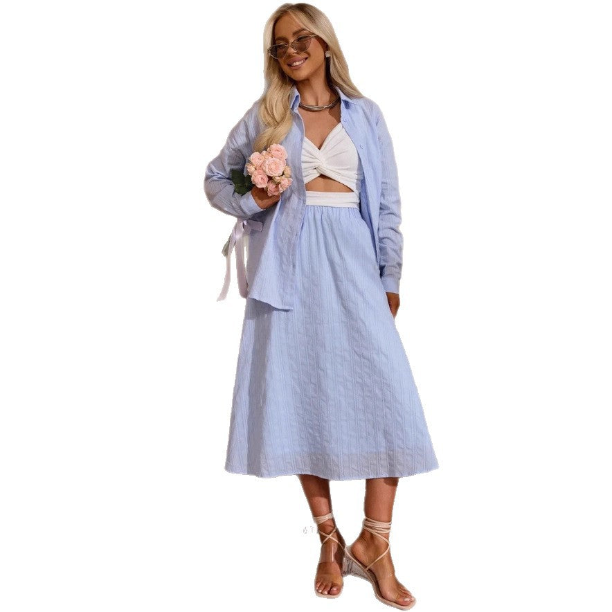 Damen elegantes Kleidungsset mit strukturierter Bluse und A-Linie Rock Drune