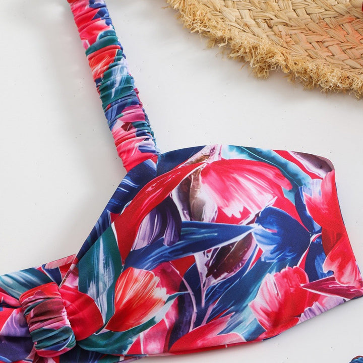 Damen Triangel-Bikini mit tropischem Druck und zarten Rüschen Drune
