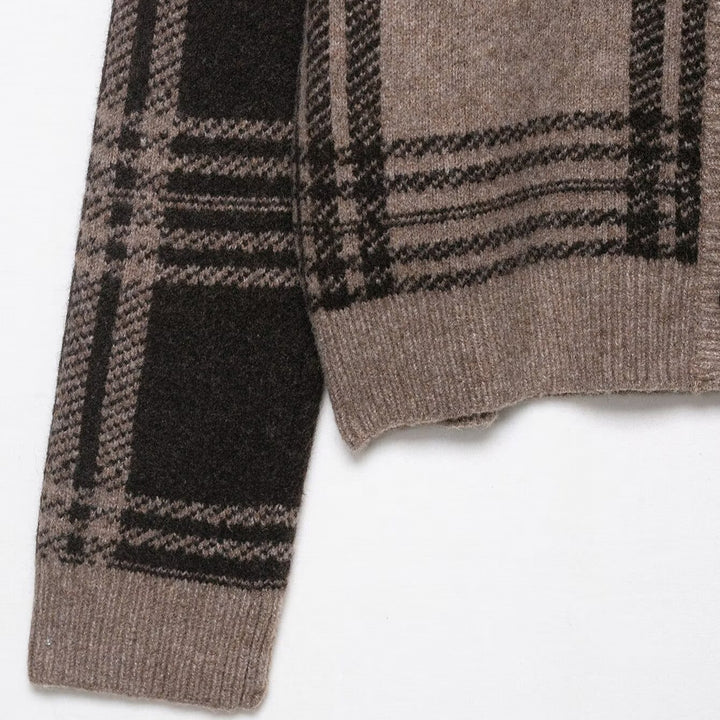Damen modische Strickjacke mit Karomuster und Knopfleiste Drune