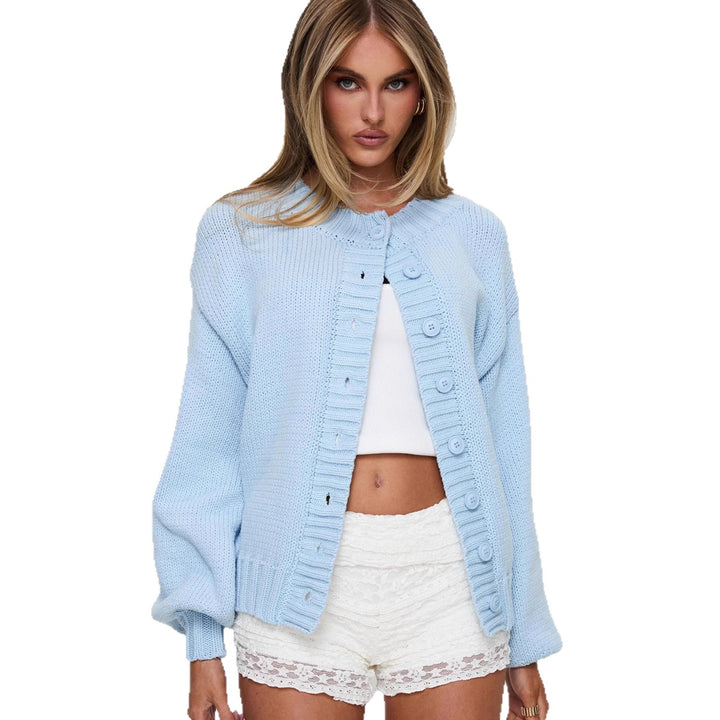 Damen kuschelige Strickjacke mit voluminösen Ärmeln und dekorativen Knopfdetails Drune