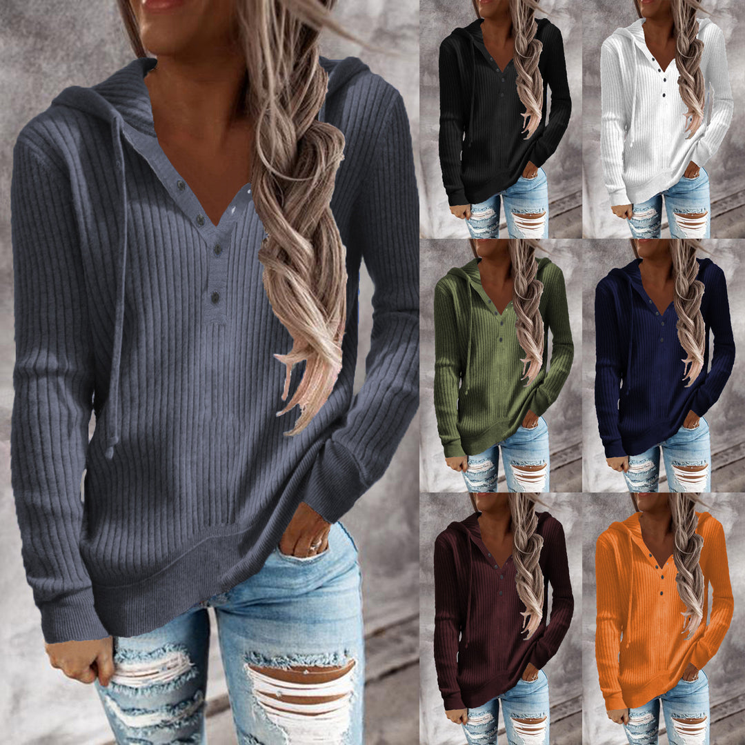 Damen Bequeme gestreifte Kapuzenpullover mit Knopfleiste Drune