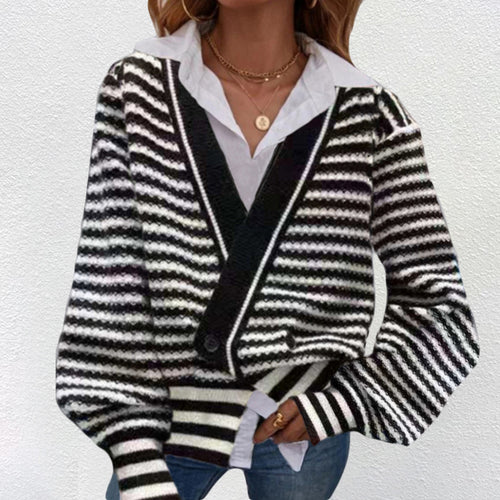 Damen Grobstrick Cardigan mit V-Ausschnitt und modernen Streifen Drune