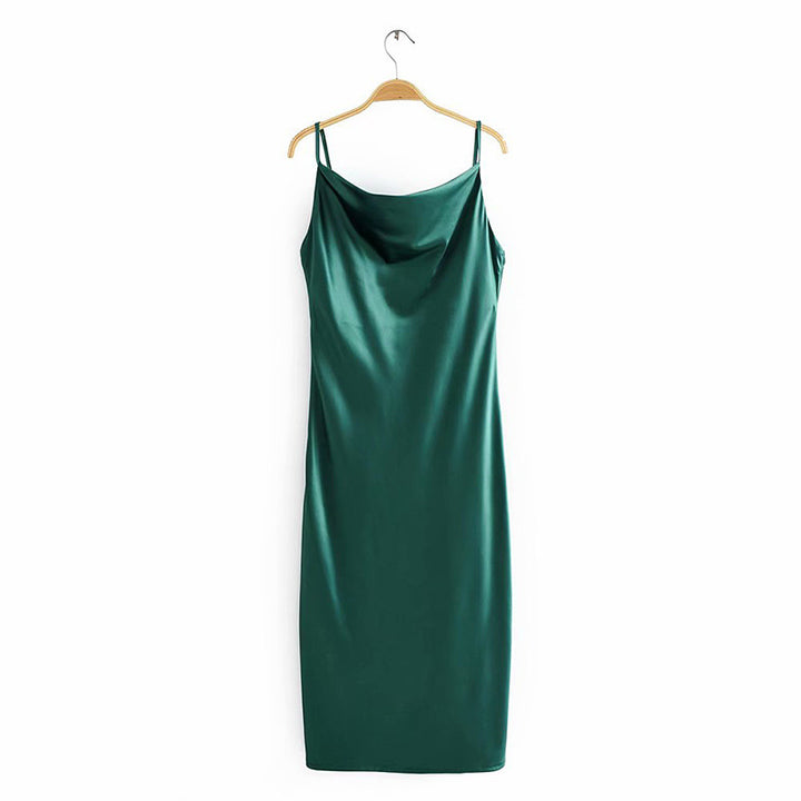 Damen Satin-Midikleid mit verführerischem V-Ausschnitt und Spaghettiträgern Drune