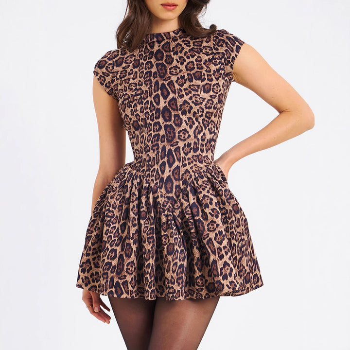 Damen Mini-Kleid mit voluminösem Rock und edlem Tierdruck Drune
