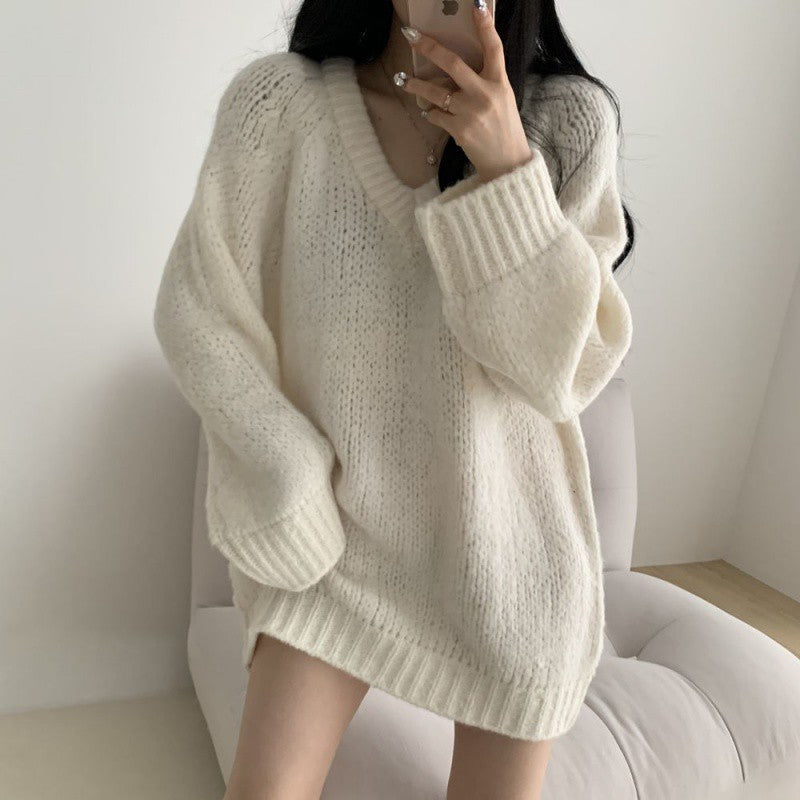 Damen lässiger oversized Pullover mit tiefem V-Ausschnitt und weichem Strickmaterial Drune