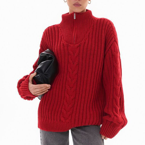 Damen Grobstrickpullover mit Zip-Kragen und Zopf-Design Drune