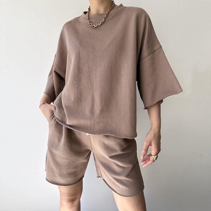 Damen Lässiges Oversized Freizeitset mit kurzärmligem Oberteil und weiten Shorts Drune