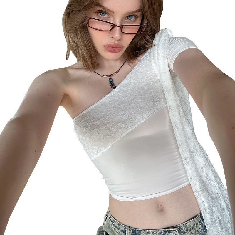 Damen Elegante und raffinierte Spitze One-Shoulder Bluse Drune