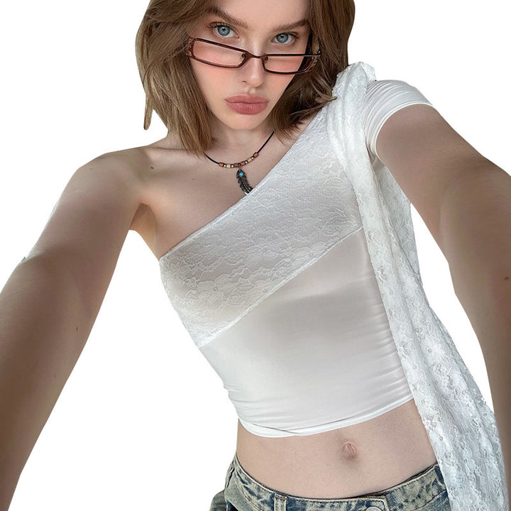 Damen Elegante und raffinierte Spitze One-Shoulder Bluse Drune