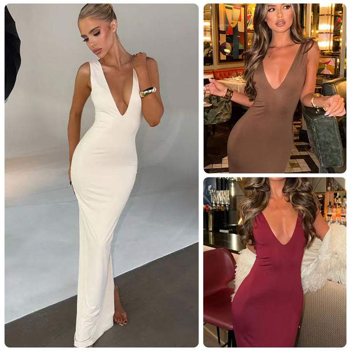 Damen figurbetontes Kleid mit tiefem V-Ausschnitt und schwingendem Saum Drune