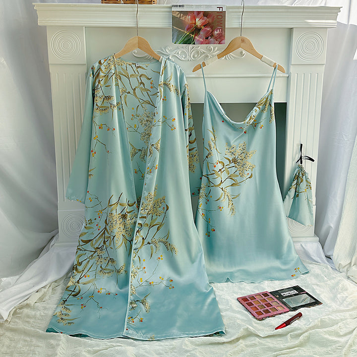 Damen Satin-Kimono und Nachthemd-Set mit floralem Design Drune
