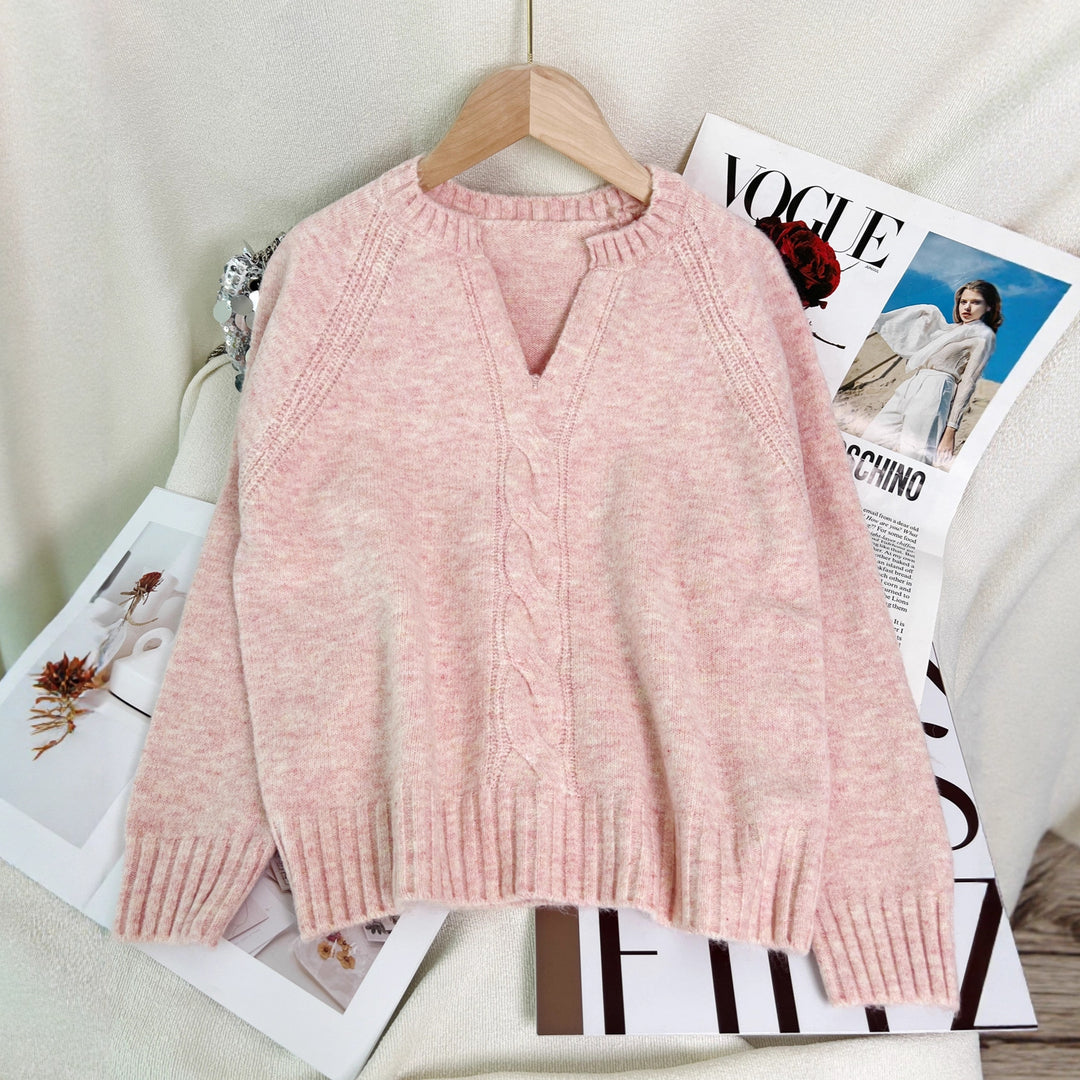 Damen Strickpullover mit tiefem V-Ausschnitt und Zopfmuster Drune