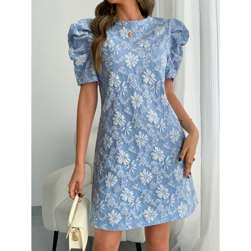 Damen Kurzarmkleid mit voluminiösen Ärmeln und floralen Stickereien Drune