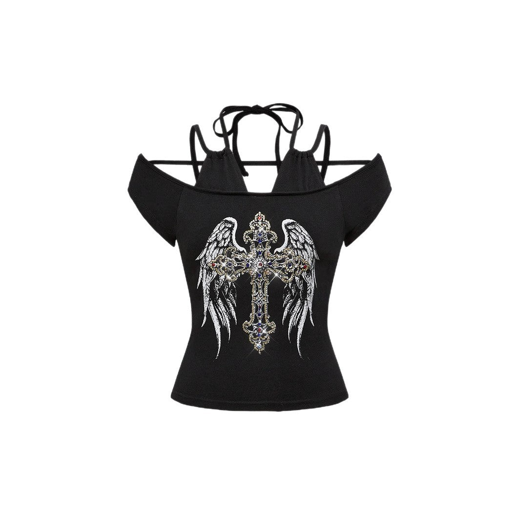 Damen Off-Shoulder Top mit funkelndem Kreuz-Design Drune