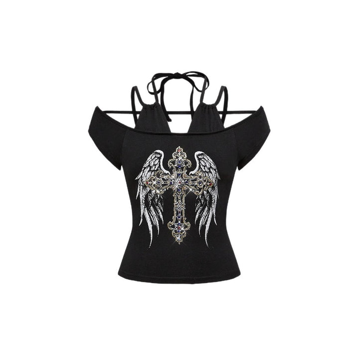 Damen Off-Shoulder Top mit funkelndem Kreuz-Design Drune
