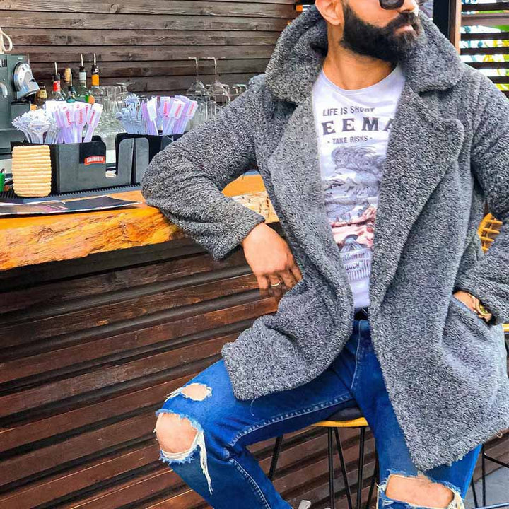 Herren kuschelige Herbstjacke mit weichem Teddyfell Drune