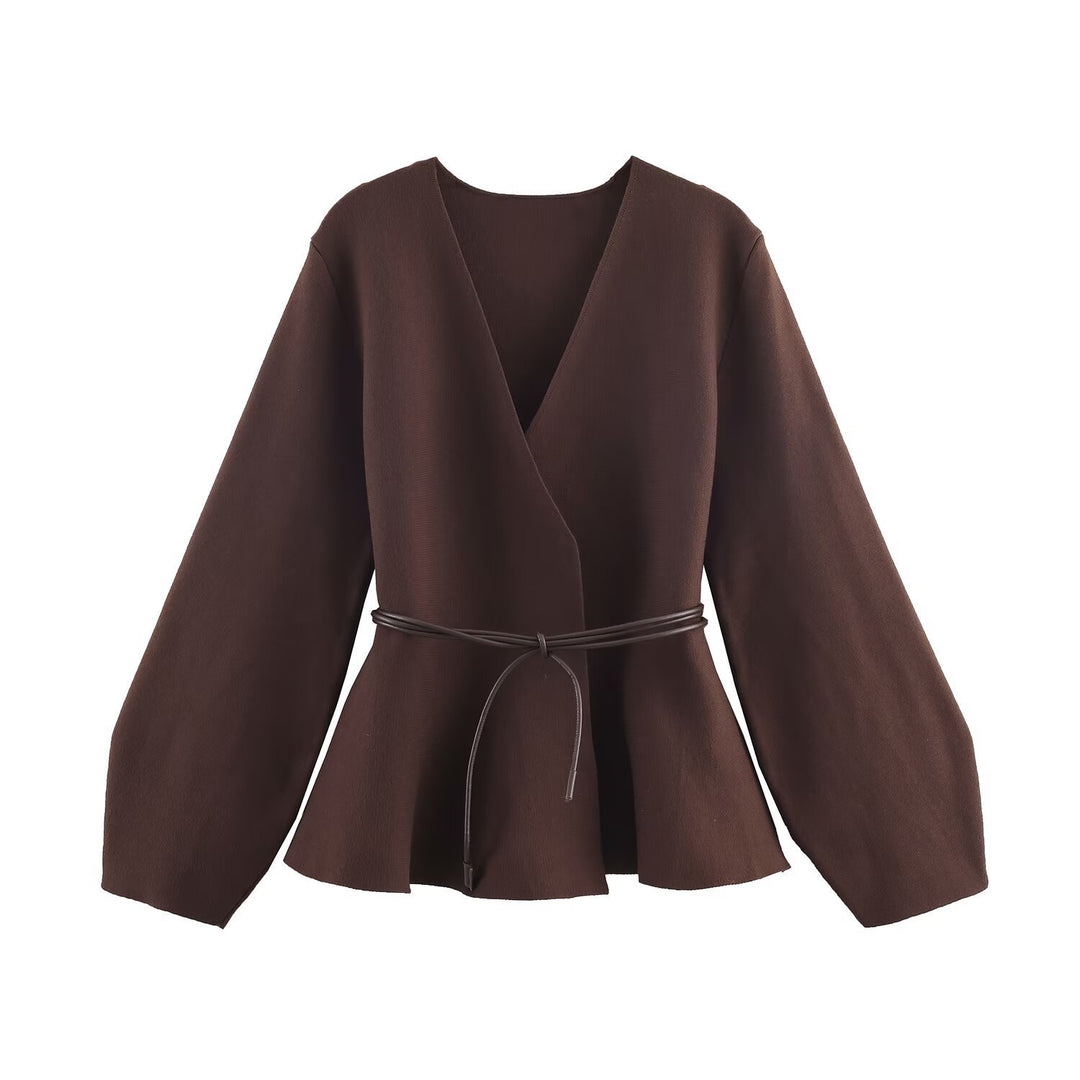 Damen Wickeljacke mit Taillengürtel und weiten Ärmeln Drune