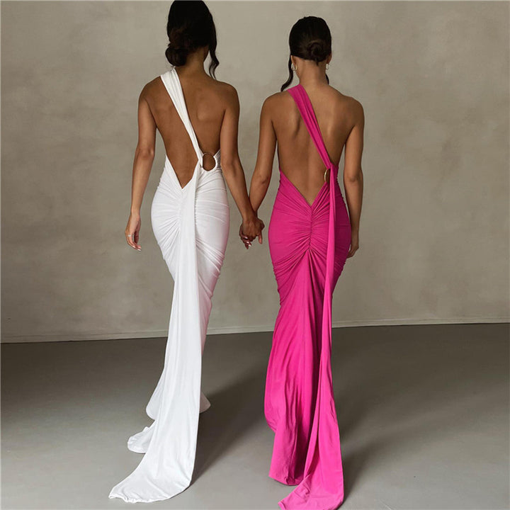Damen Elegantes bodenlanges One-Shoulder Kleid Drune