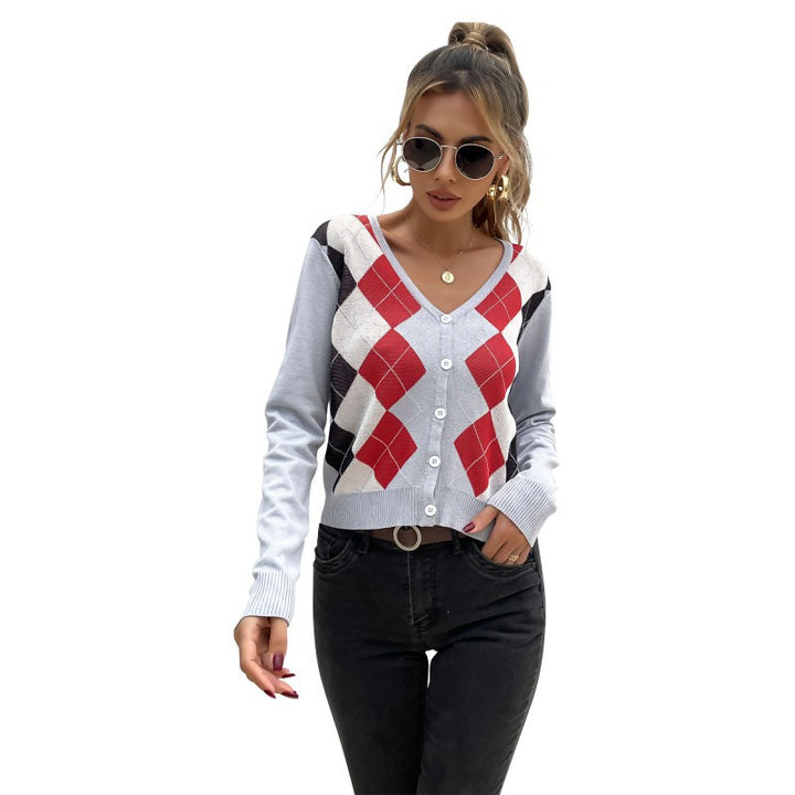 Damen modischer Strickcardigan mit Rautenmuster und Knöpfen Drune