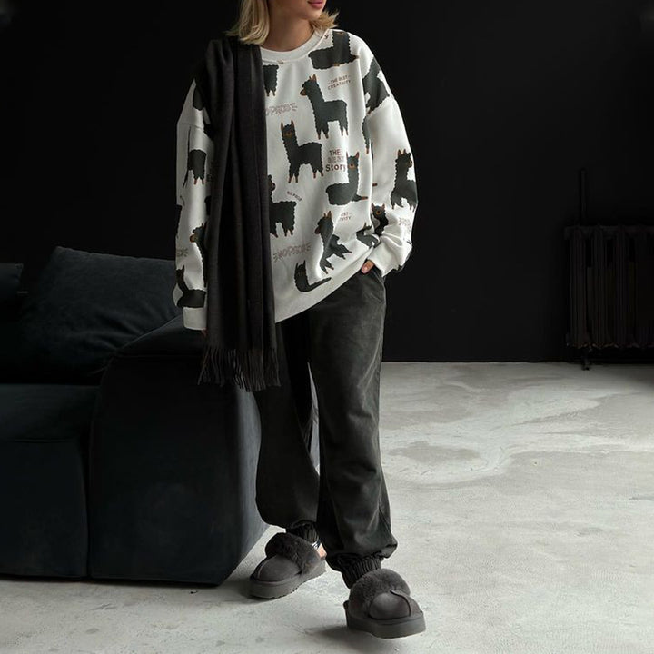 Damen lässiger Sweatshirt mit kreativem Lama-Motiv Drune