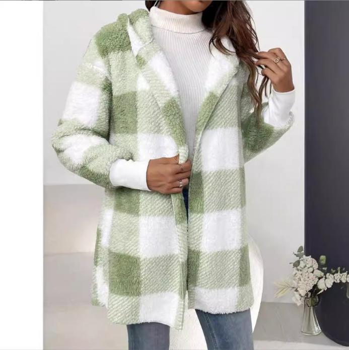 Damen Langer Karomantel aus weichem Material Drune
