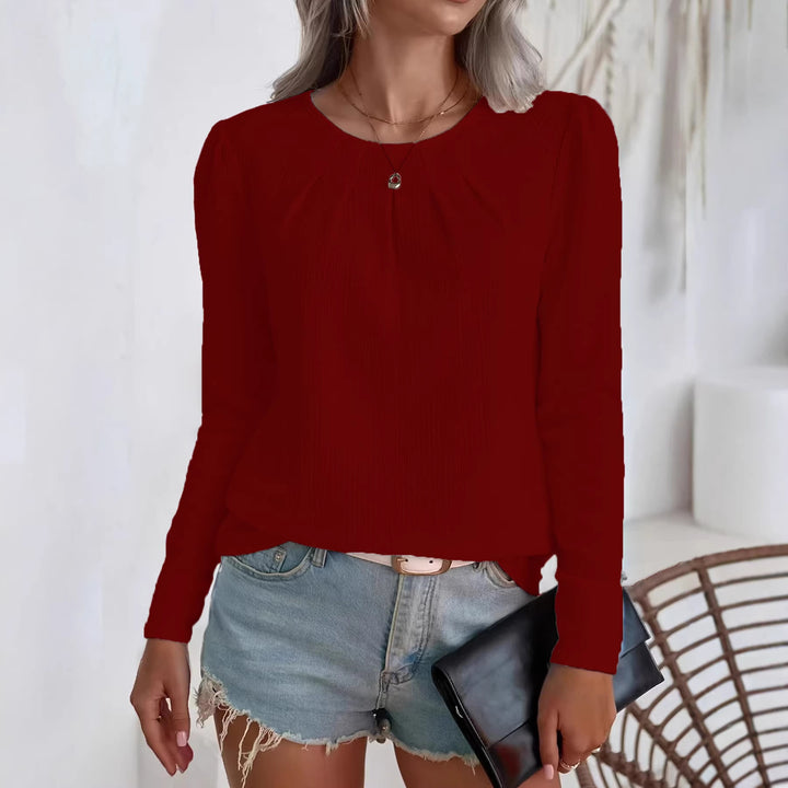 Damen nan leichte Strukturbluse mit gerafftem Rundhalsausschnitt und langen Ärmeln Drune